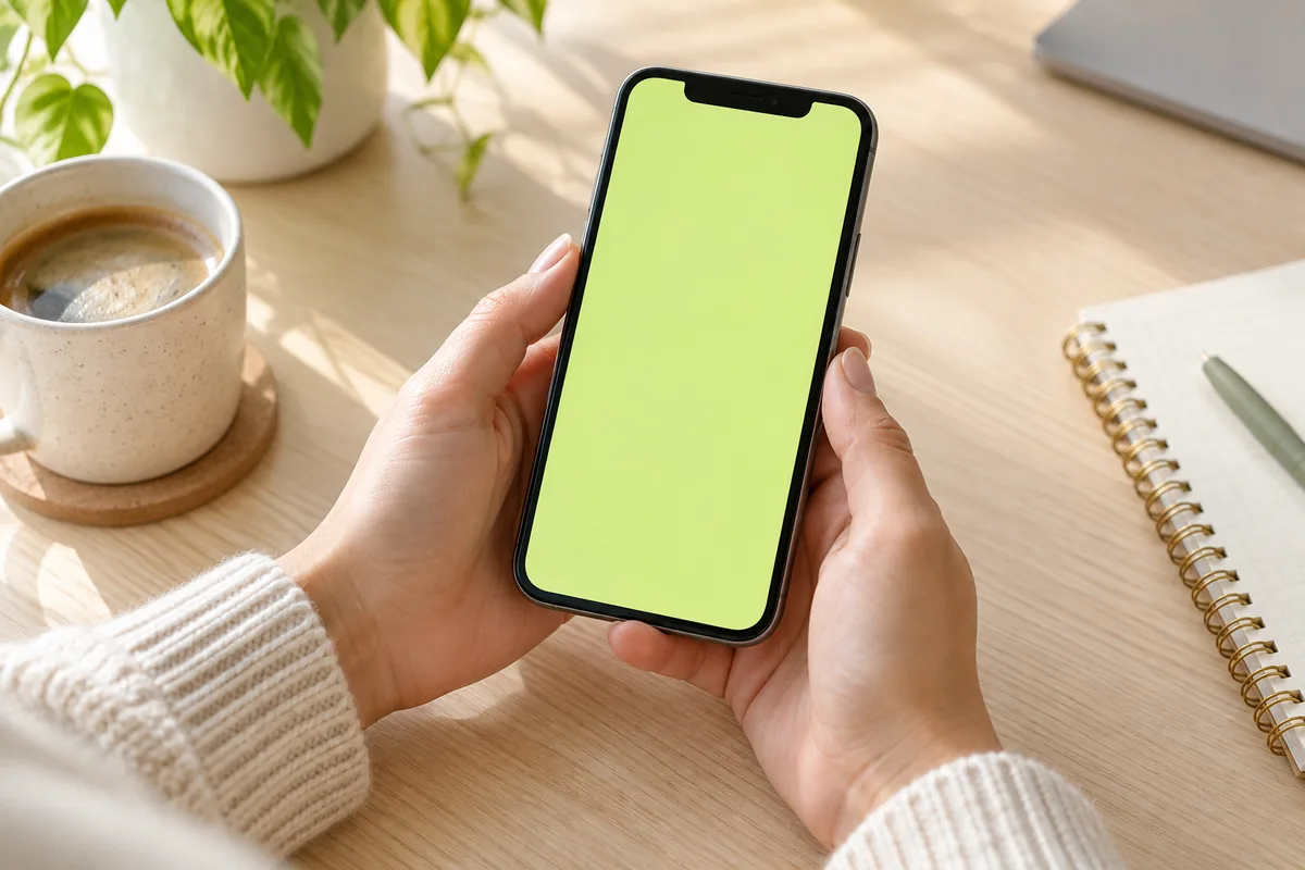 Hands holding a phone at a desk, ready for a funding update